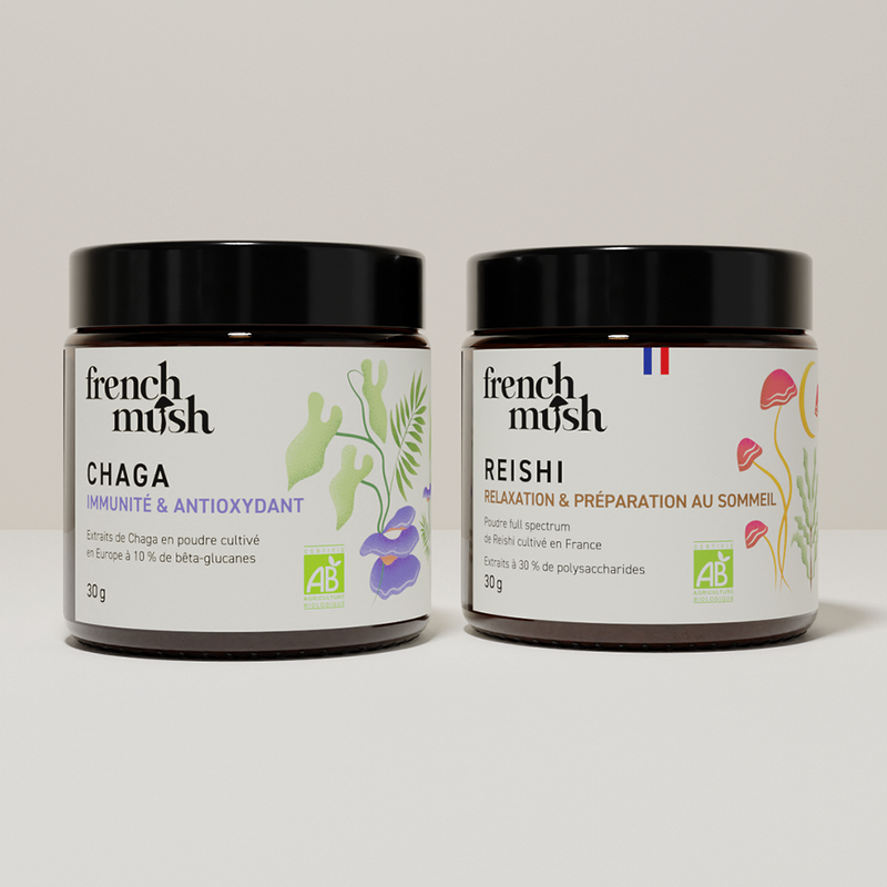 French Mush compléments alimentaires à base d'extraits de champignons médicinaux biologiques fabriqués en France Le pack Immunité et Sommeil Poudres Bio - poudre -