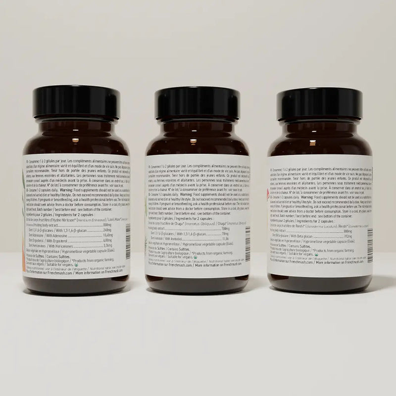 French Mush compléments alimentaires à base d'extraits de champignons médicinaux biologiques fabriqués en France Le pack Immunité et Stress Gélules Bio - gélules -