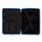 Intérieur compartimenté de la valise GYL Intemporelle bleu grisé avec sangles croisées et poches filet. #couleur_bleu grisé
