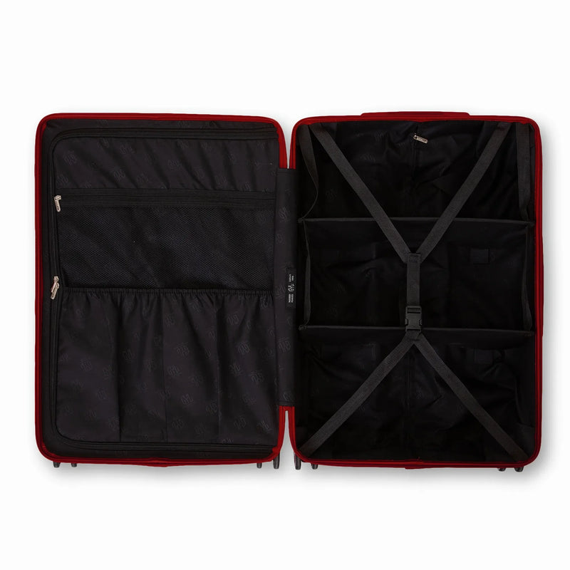 Intérieur compartimenté de la valise GYL Intemporelle rouge foncé avec sangles croisées et poches filet. #couleur_rouge foncé