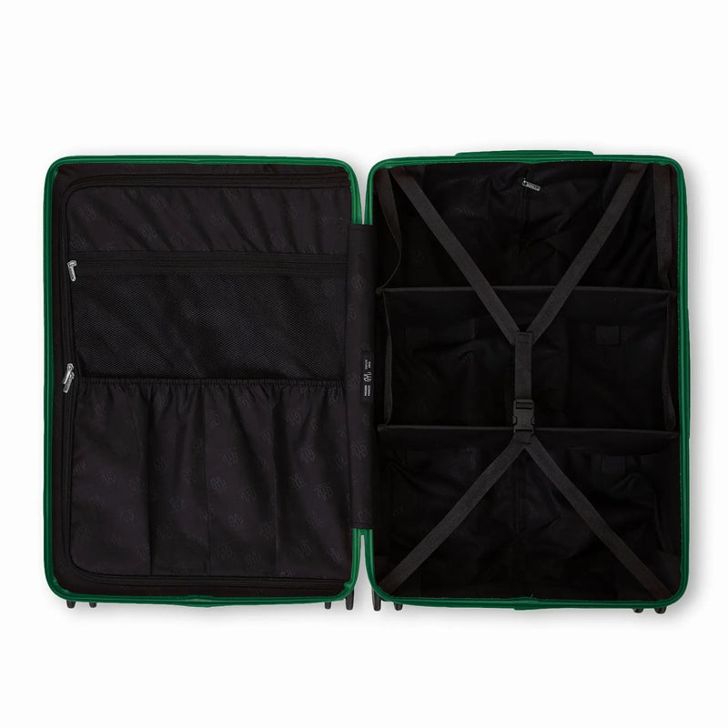 Intérieur compartimenté de la valise GYL Intemporelle sapin avec sangles croisées et poches filet. #couleur_sapin