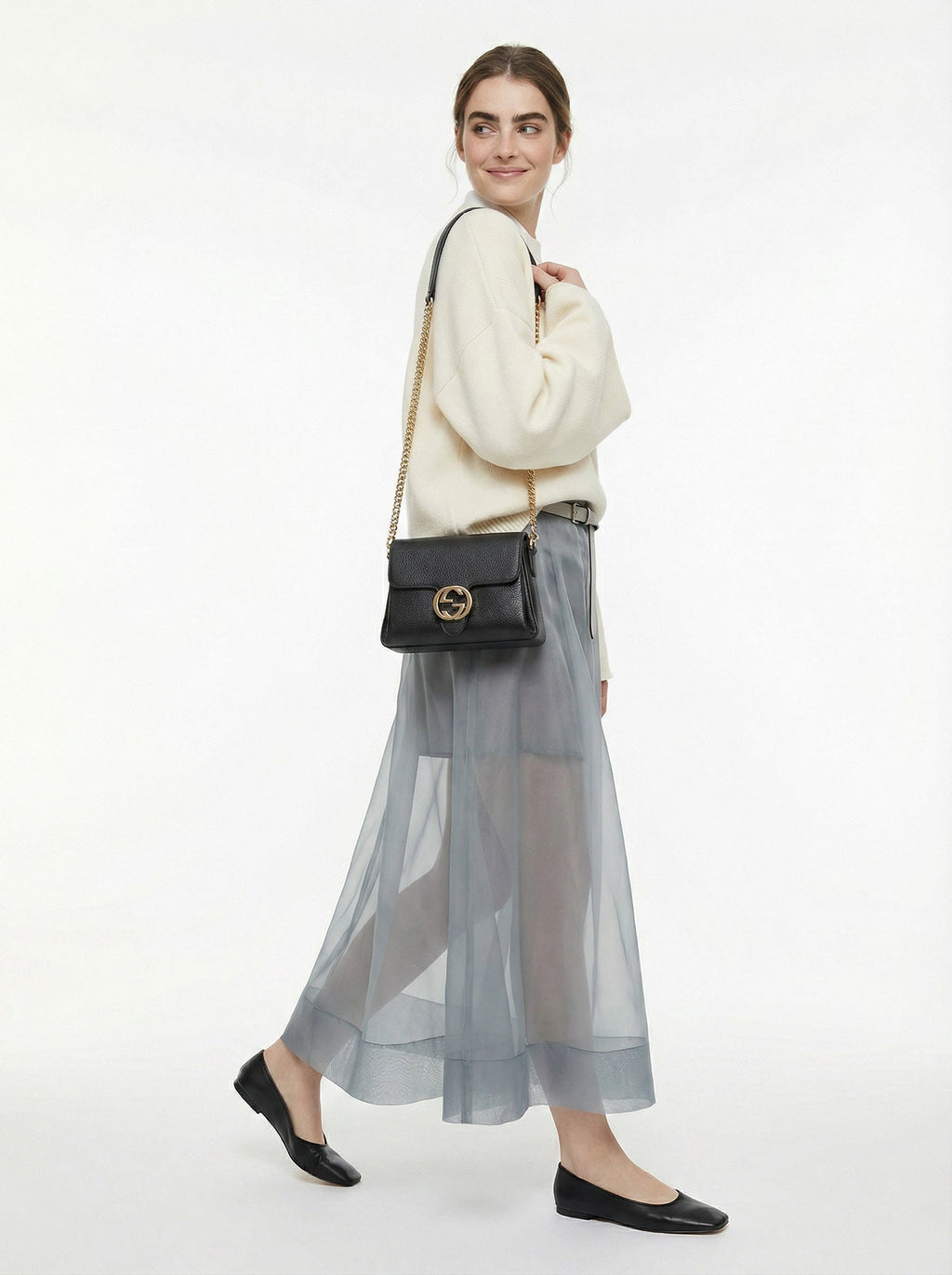 Gucci Interlocking Mini Bag Black Grained Leather Champagne Chain