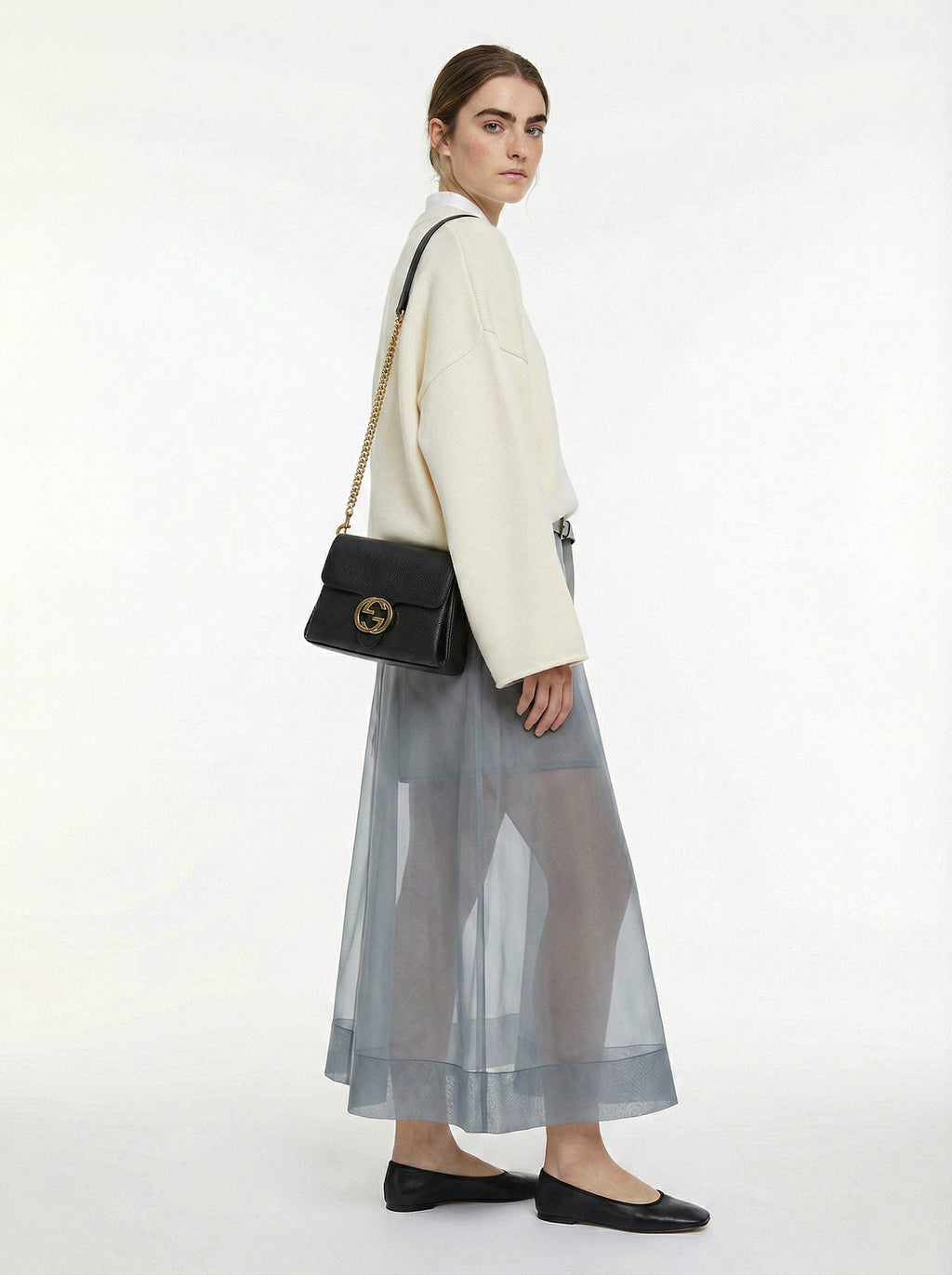 Gucci Interlocking Mini Bag Black Grained Leather Champagne Chain