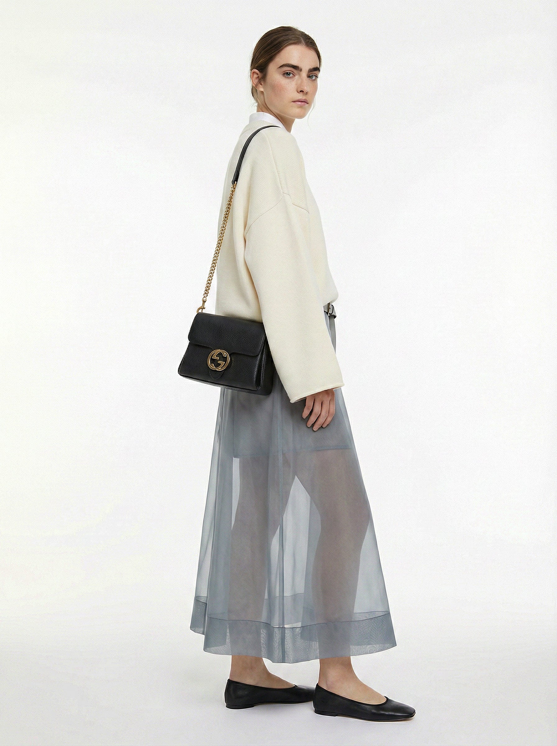 Gucci Interlocking Mini Bag Black Grained Leather Champagne Chain