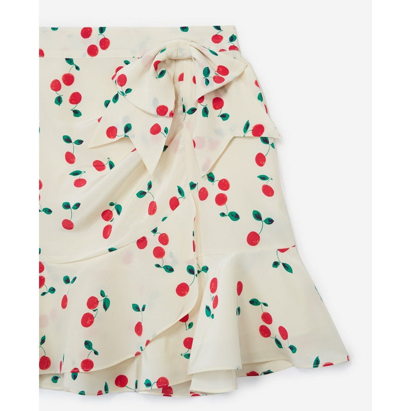 Falda Corta De Seda Crudo Con Volantes Estampado Cerezas - Mujer