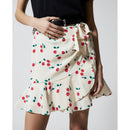 Falda Corta De Seda Crudo Con Volantes Estampado Cerezas - Mujer