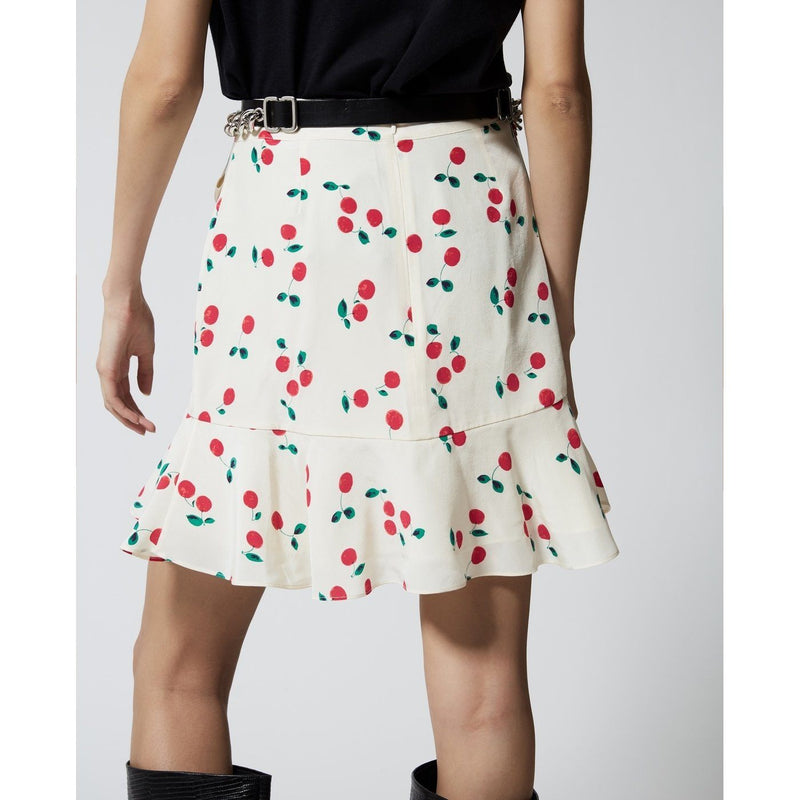 Falda Corta De Seda Crudo Con Volantes Estampado Cerezas - Mujer