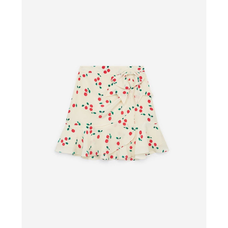 Falda Corta De Seda Crudo Con Volantes Estampado Cerezas - Mujer