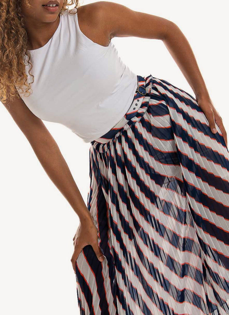 Golden Goose - Jupe Plissee Hamal - White Navy Stripes - Femme