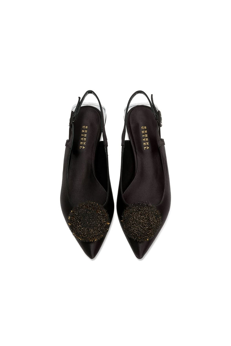 Kamilah Black Flat Slingback Ballerina featuring silk satin and antique gold embroidery detailing.