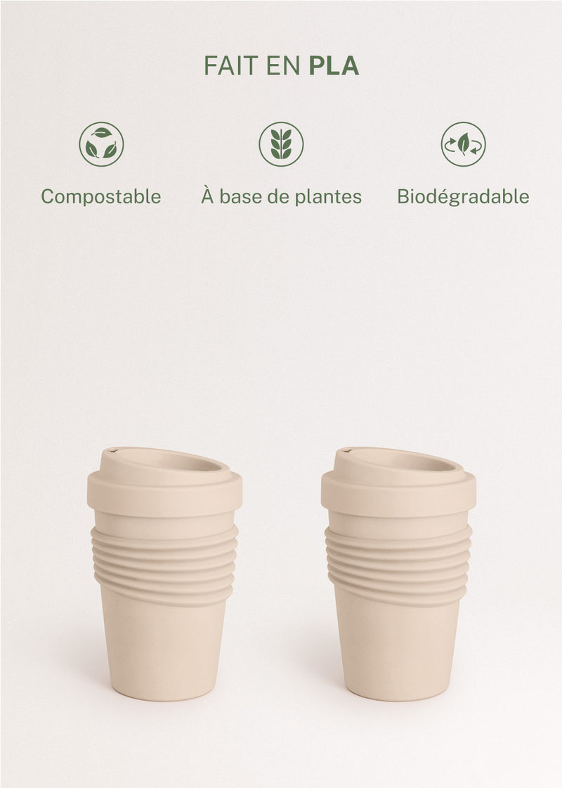 Kitchenware Outdoor Eco - Pack of 2 Coffee Glasses with Recycled Material Lid - Sand