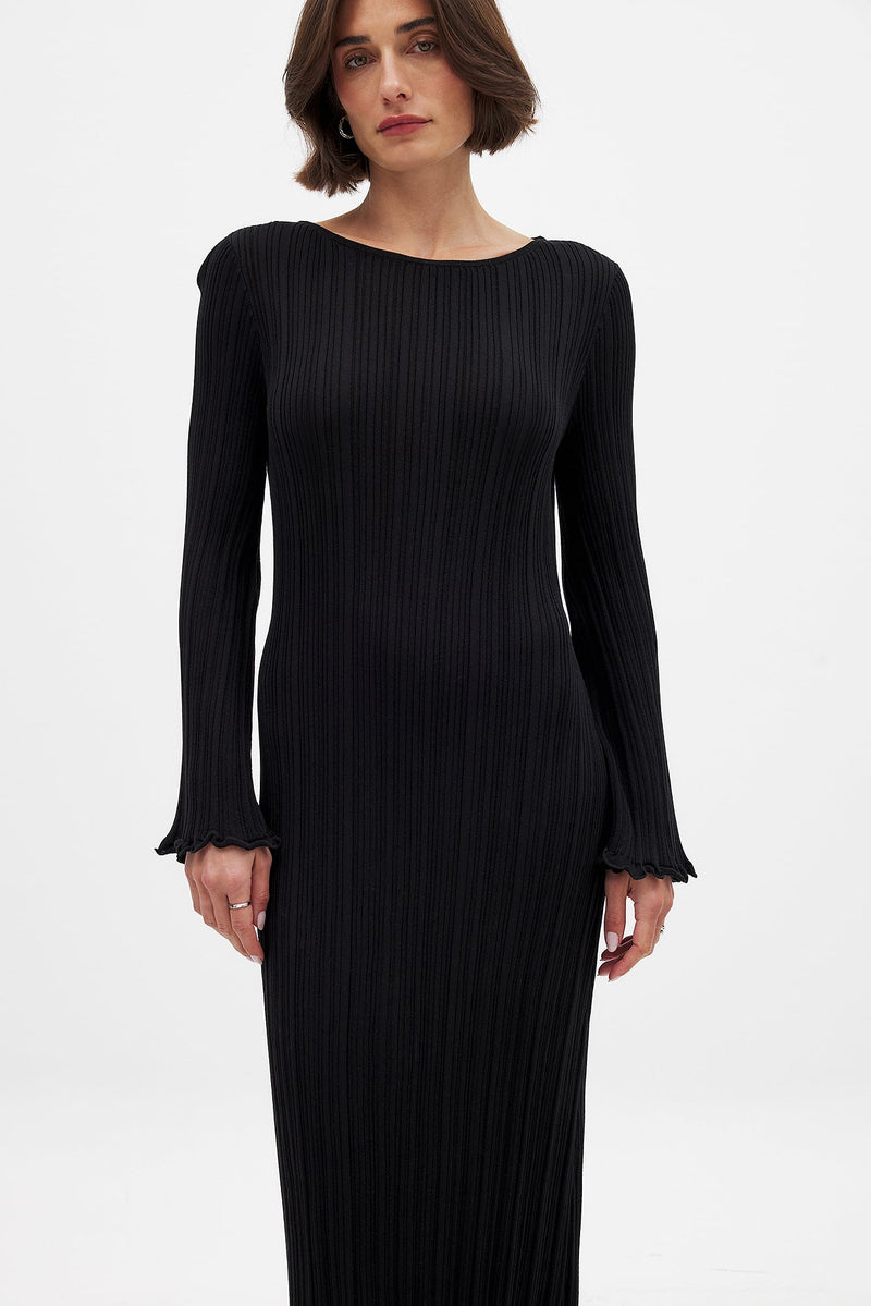Robe Longue En Maille À Encolure Ronde Et Volants Noir