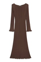 Robe Longue En Maille À Encolure Ronde Et Volants Marron