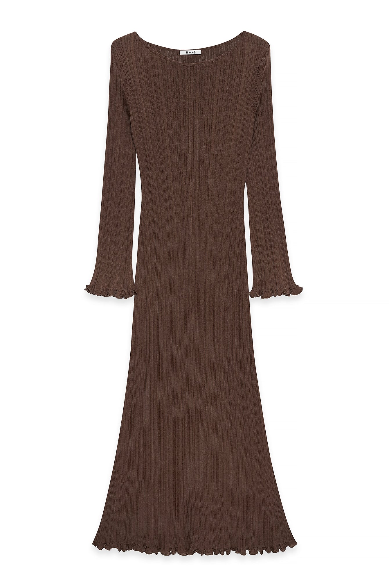 Robe Longue En Maille À Encolure Ronde Et Volants Marron