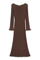 Robe Longue En Maille À Encolure Ronde Et Volants Marron