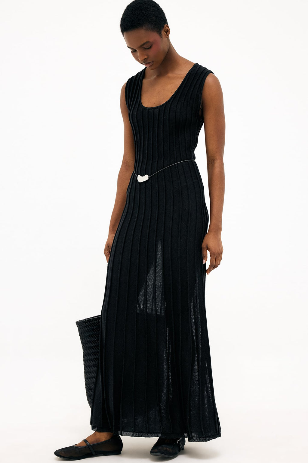 Robe Longue En Maille Côtelée À Encolure Ronde Noir