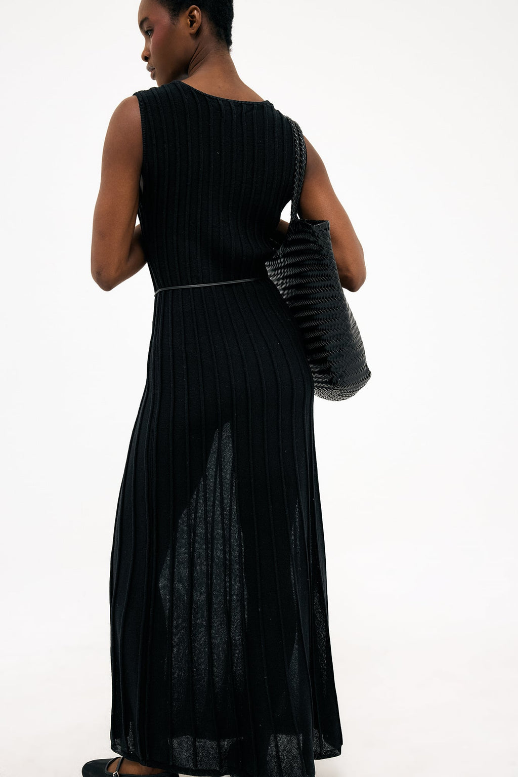 Robe Longue En Maille Côtelée À Encolure Ronde Noir