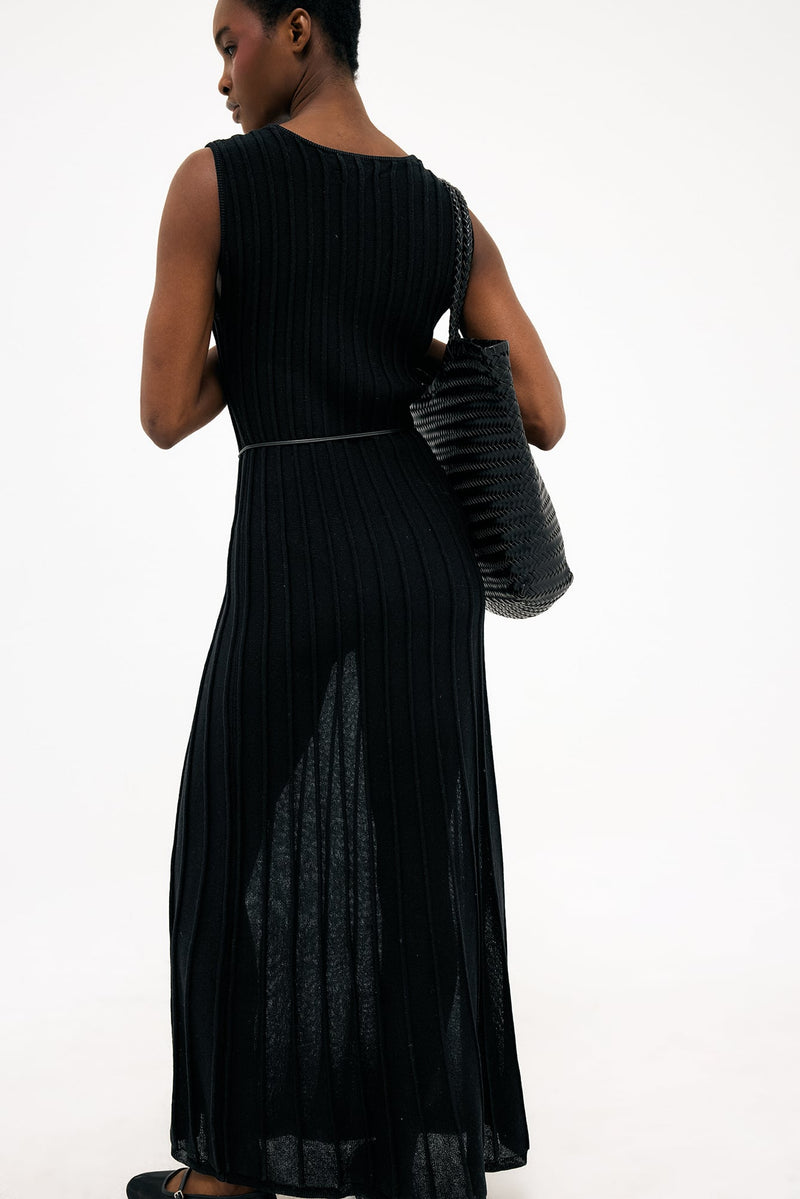 Robe Longue En Maille Côtelée À Encolure Ronde Noir