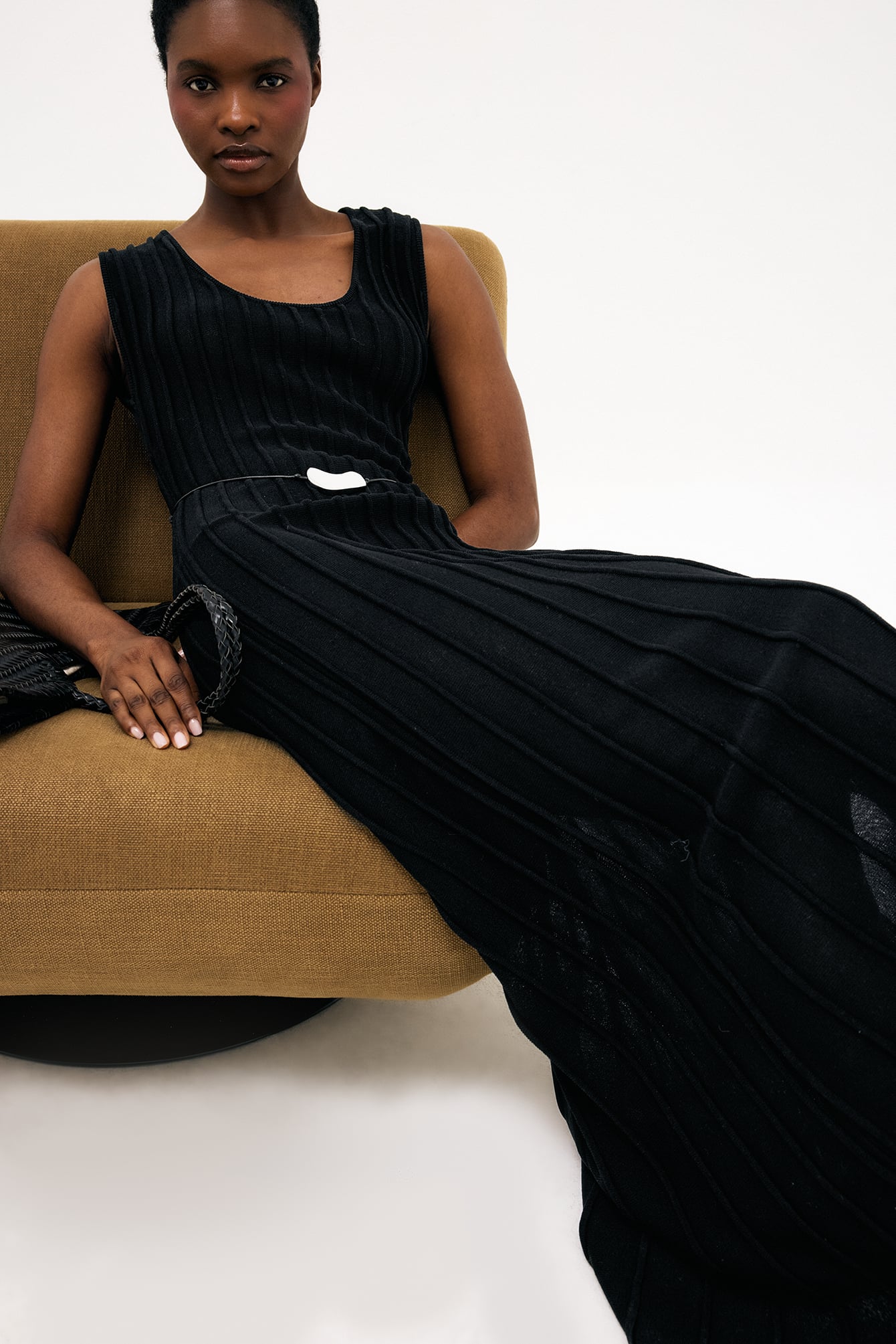Robe Longue En Maille Côtelée À Encolure Ronde Noir