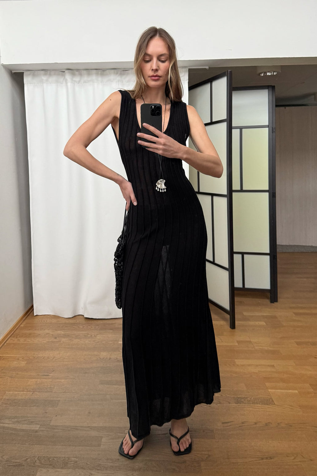 Robe Longue En Maille Côtelée À Encolure Ronde Noir