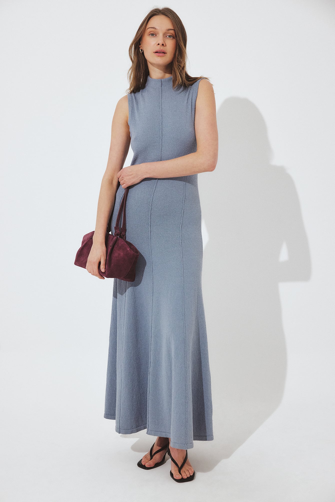 Robe Longue Sans Manches En Maille À Coutures Apparentes Bleu