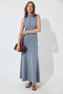 Robe Longue Sans Manches En Maille À Coutures Apparentes Bleu