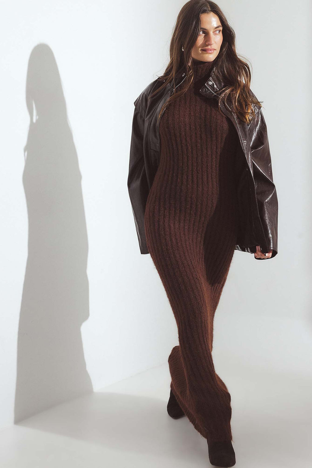 Robe Knitted Wool Blend Turtleneck Maxi - Marron Chaud