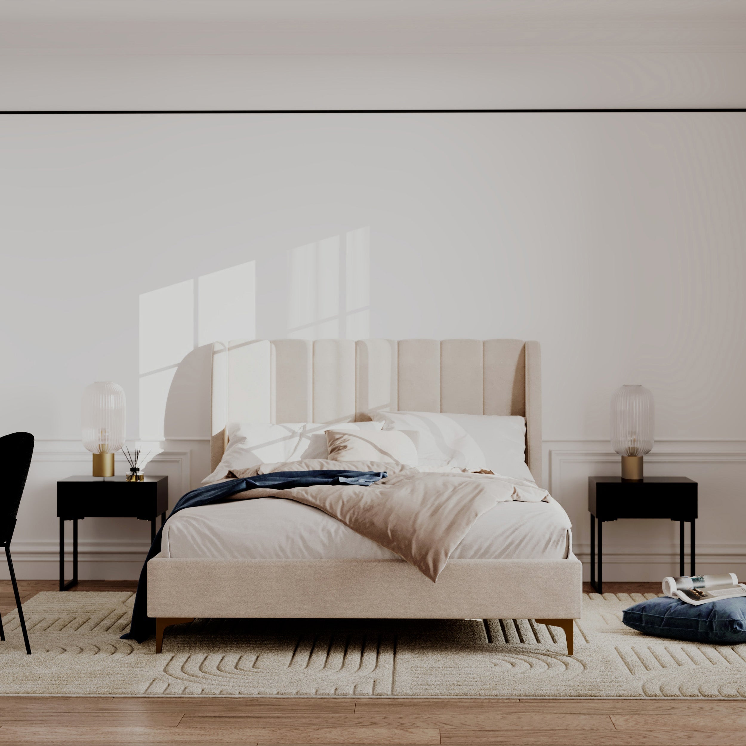 Koda - Lit Double En Tissu Beige Et Pieds Dorés