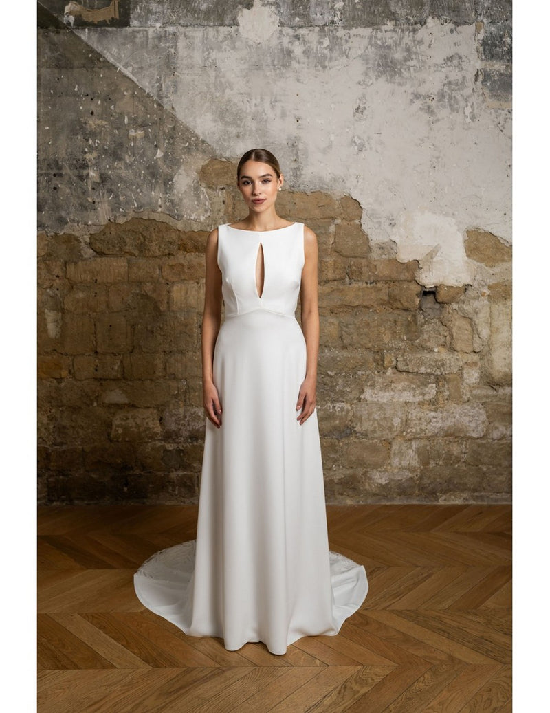 Vestido de novia de ópalo con cinturón pequeño - Blanco seda