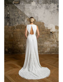 Vestido de novia de ópalo con cinturón pequeño - Blanco seda