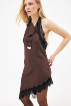 Vestido de Espalda Descubierta en Encaje Marrón