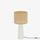 White ceramic table lamp with bohemian-style rattan shade - Potiron Paris, designer lighting for chic, modern interiors