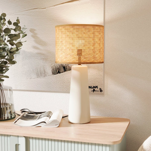 Table lamp with white ceramic base and rattan shade tressé, personalize your decor to feel right at home - Potiron Paris, designer lighting for chic, modern interiors