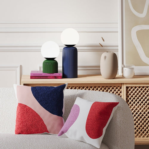 Modern living room table lamp in blue ceramic and glass globe - Potiron Paris, designer lighting for chic, modern interiors