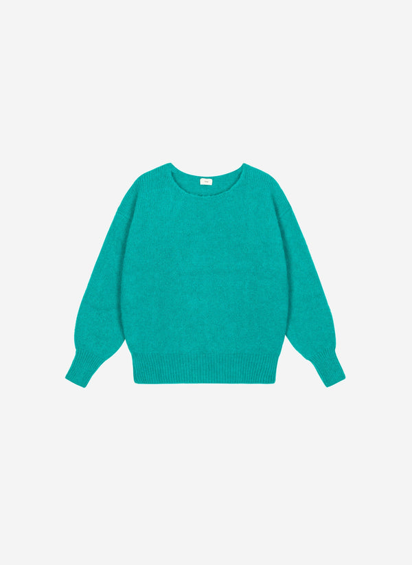 An'ge – Tröja Leboumi Turquoise, fluffig stickad tröja i smaragdgrönt, framifrån