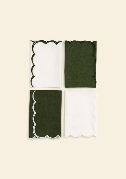 The 4 Linen Scalloped Napkins - Forest Green & White Blanc