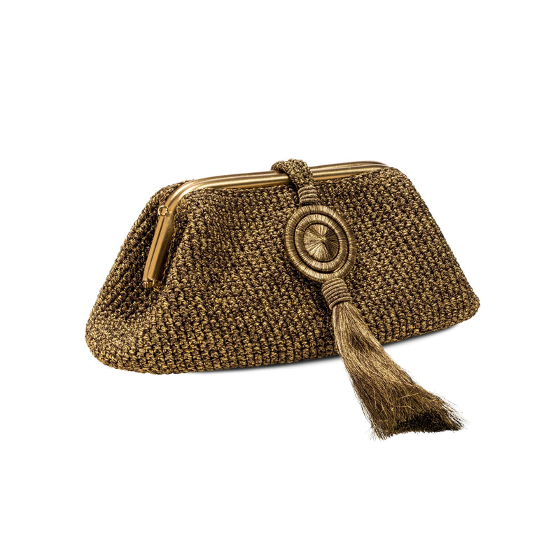 Lia Pouch Bag: Elegant woven clutch with gold-tone clasp and tassel, perfect for evening outings and stylish accessories.