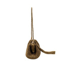 Lia Pouch Bag in woven material showcasing its unique shape and elegant design.