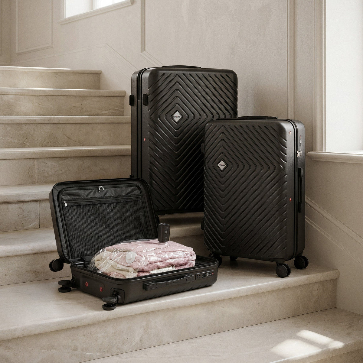 Set van 3 Ruimtebesparende Koffers - Handbagage + Maat L + Maat XL