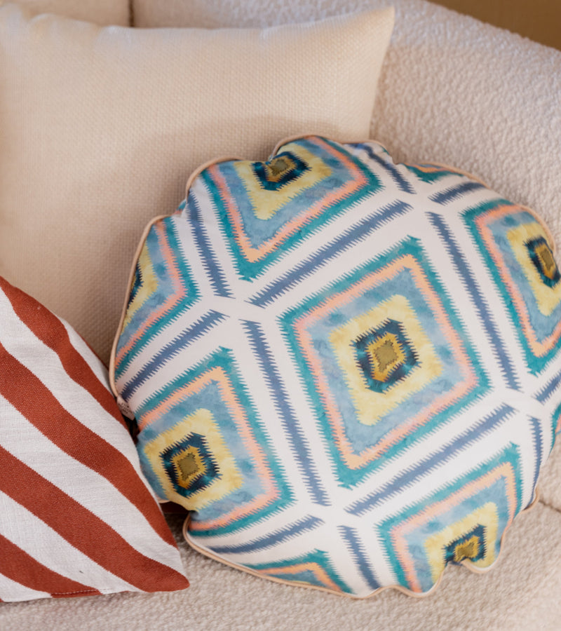 Coussin - Bomboloni - Coton - Bleu Et Motifs Géométriques