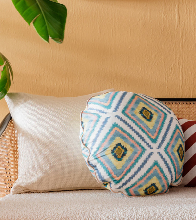 Coussin - Bomboloni - Coton - Bleu Et Motifs Géométriques