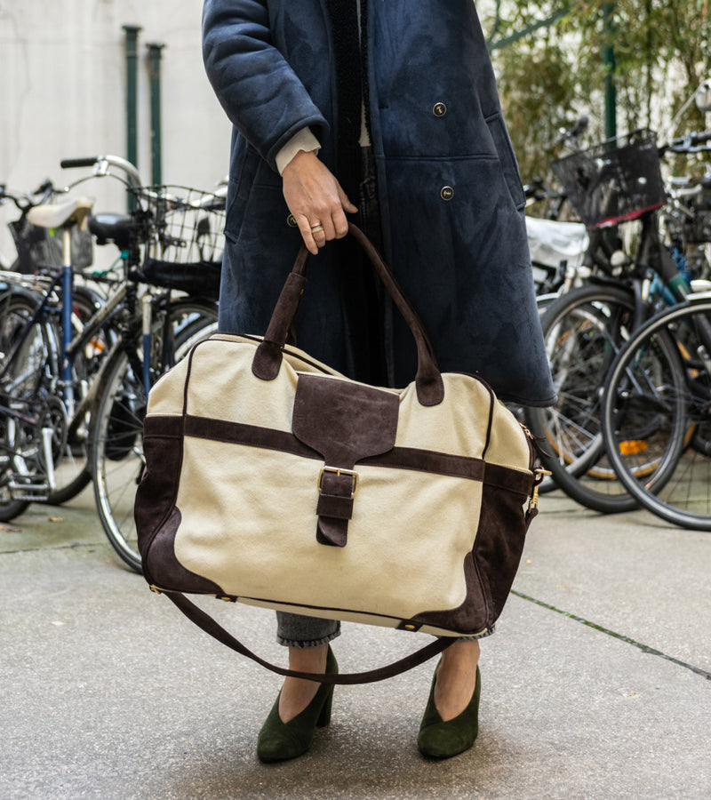 Sac De Voyage - Andrea - Cuir Chocolat Et Toile Écru