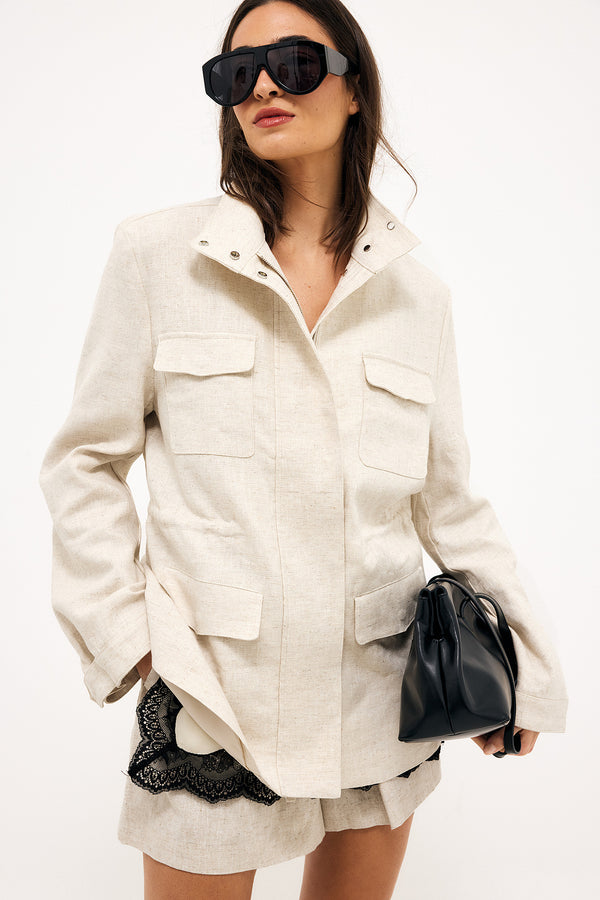 Veste Pocket Detail Drawstring - Beige Chiné