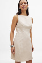 Vestido Corto de Lino Mezclado Beige con Espalda Abierta