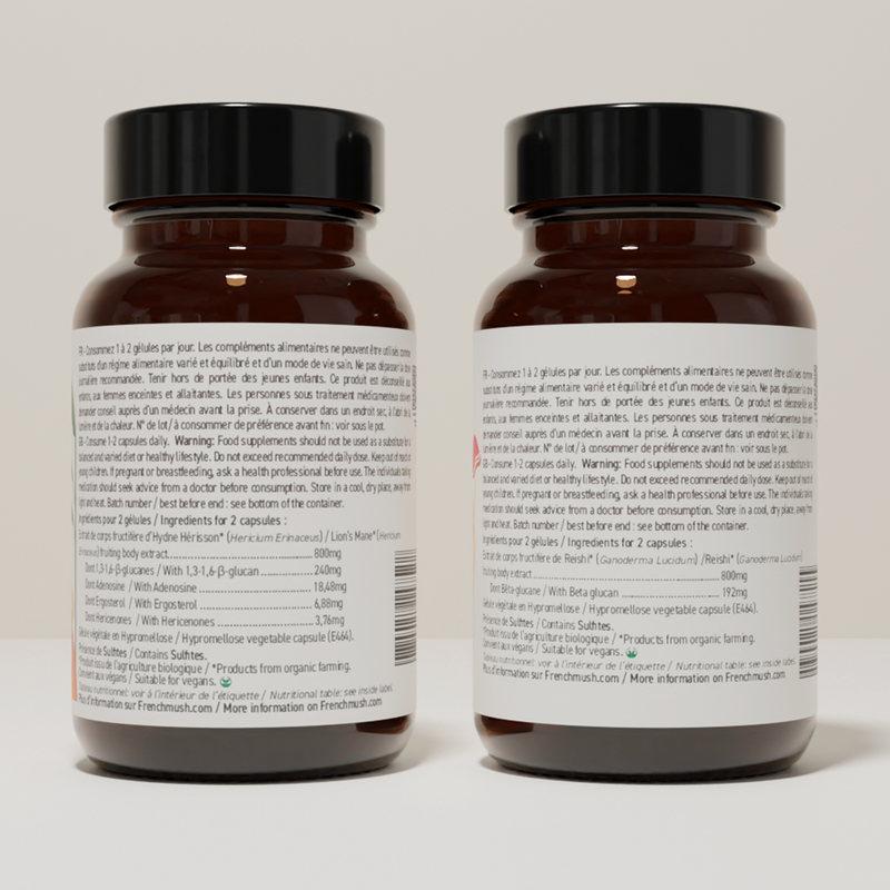 French Mush compléments alimentaires à base d'extraits de champignons médicinaux biologiques fabriqués en France Le pack Concentration et Sommeil Gélules Bio - gélules -