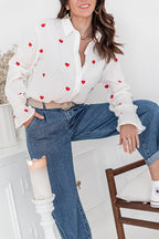 LISETTE Bianca - Camicia con cuori ricamati rossi