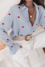 LISETTE Blue - Red Embroidered Heart Shirt
