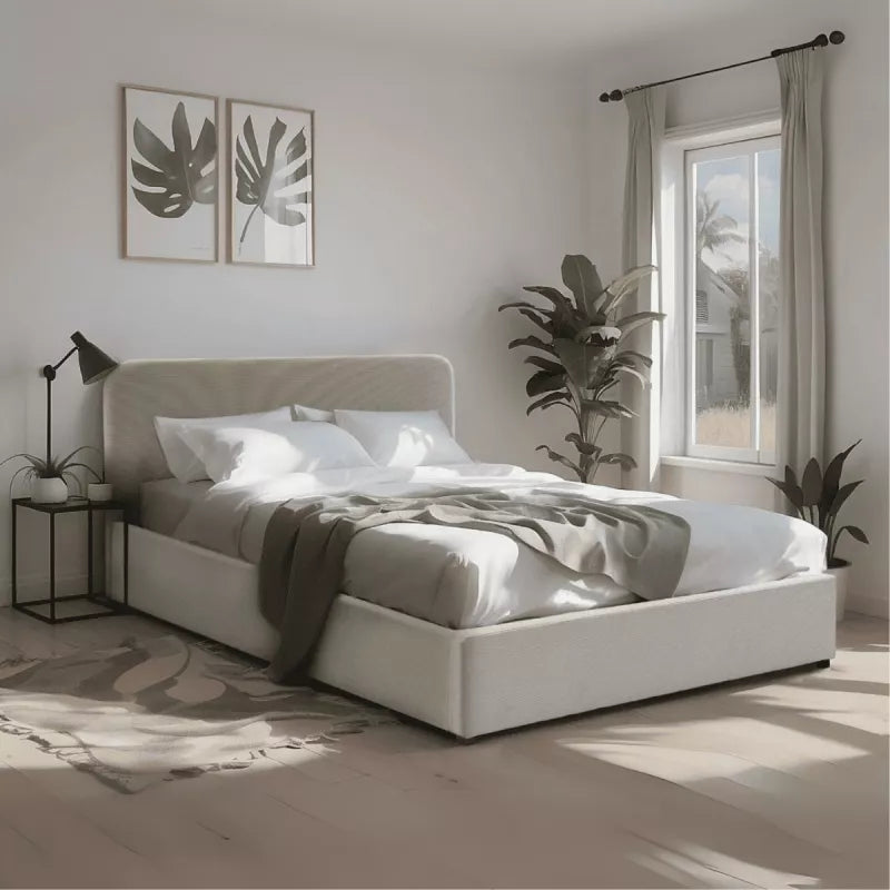 Livy - Cama contenedor 140x190 cm en pana beige con cabecero y somier - Beige