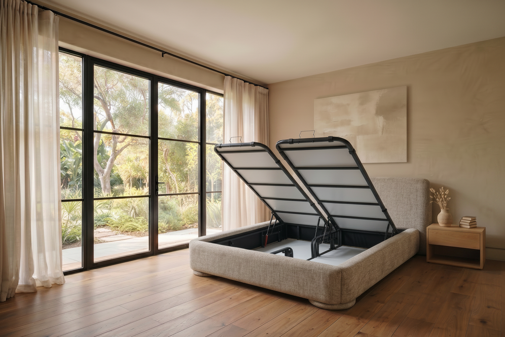 Alia – Polsterbett mit Bettkasten – Melierter Stoff