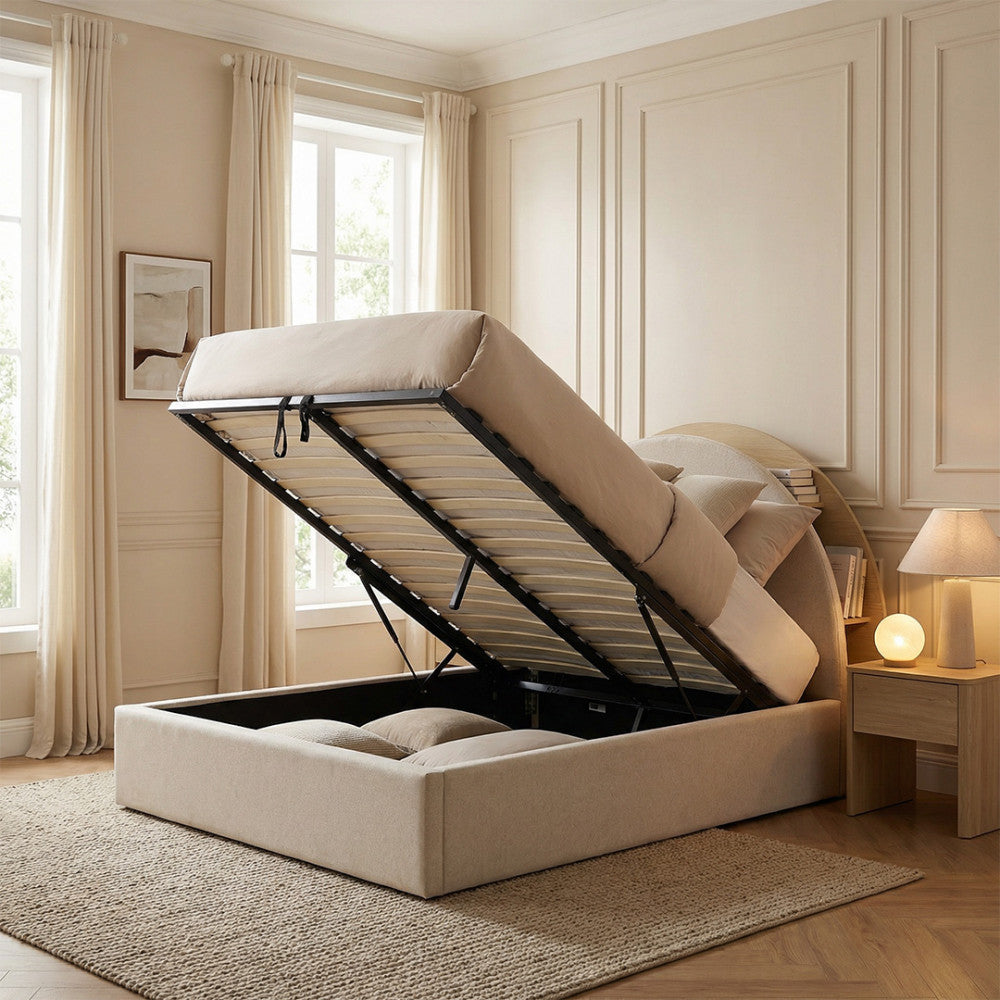 Brie - Ottoman Bed - Fabric with Integrated Storage - Beige